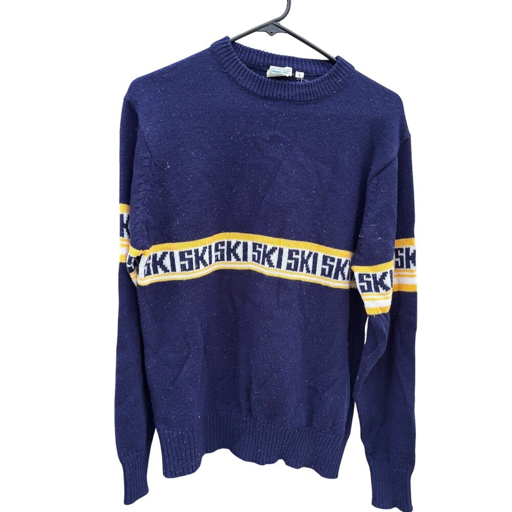 VTG Navy Blue Ski SKISKISKI Text Sweater Womens Sz Large L Queens Way to Fashion
